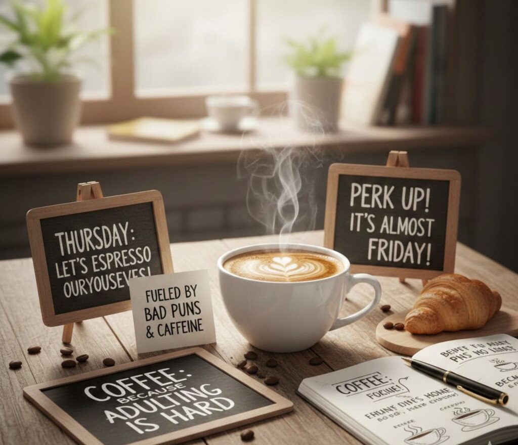 Smiling coffee cups share Thursday puns, boosting energy with caffeine jokes, warm mugs, and almost-Friday motivation.