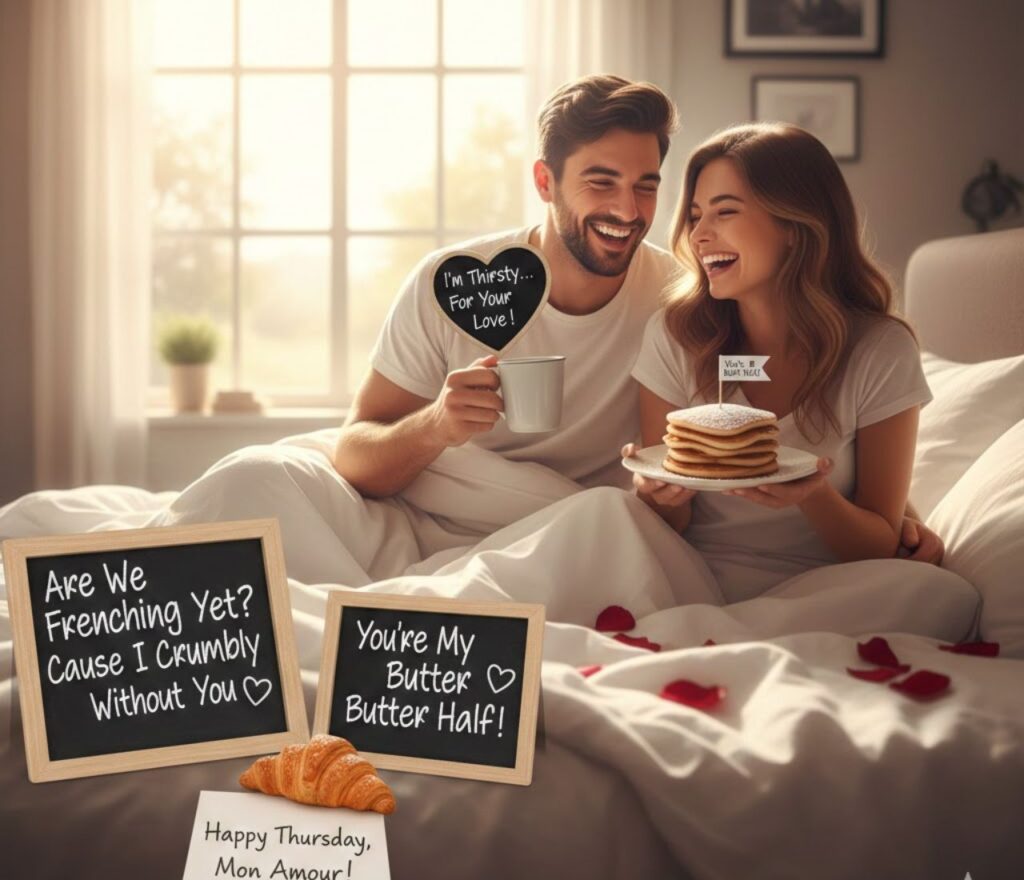 Cute hearts and cozy illustrations share Thursday love puns, blending romance, smiles, and playful affection to brighten the week.