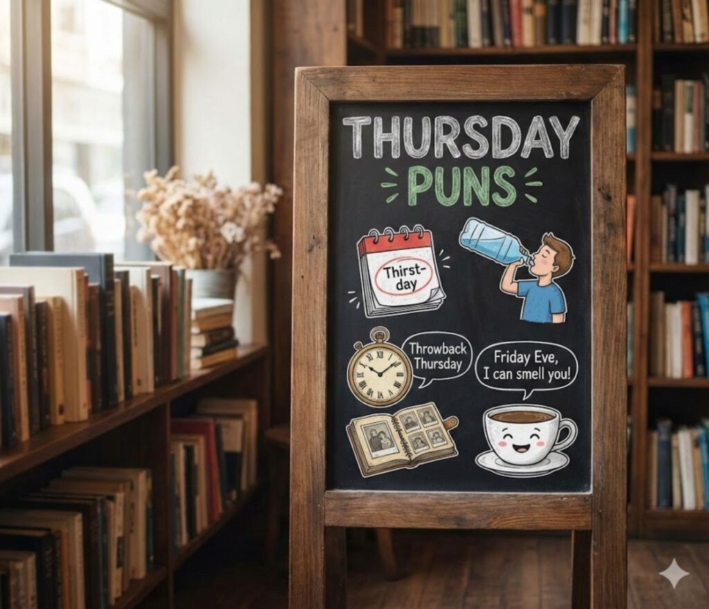 Playful illustrations deliver Thursday puns with cheerful vibes, midweek humor, and light jokes that boost smiles before Friday arrives.