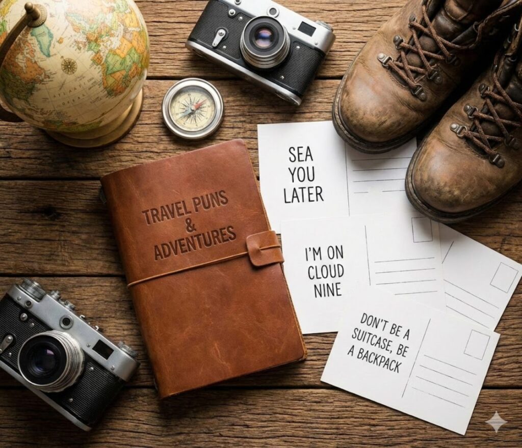 Travel puns featuring wanderlust wordplay, playful jokes, adventure humor, suitcase laughs, and shareable captions for globetrotters everywhere.