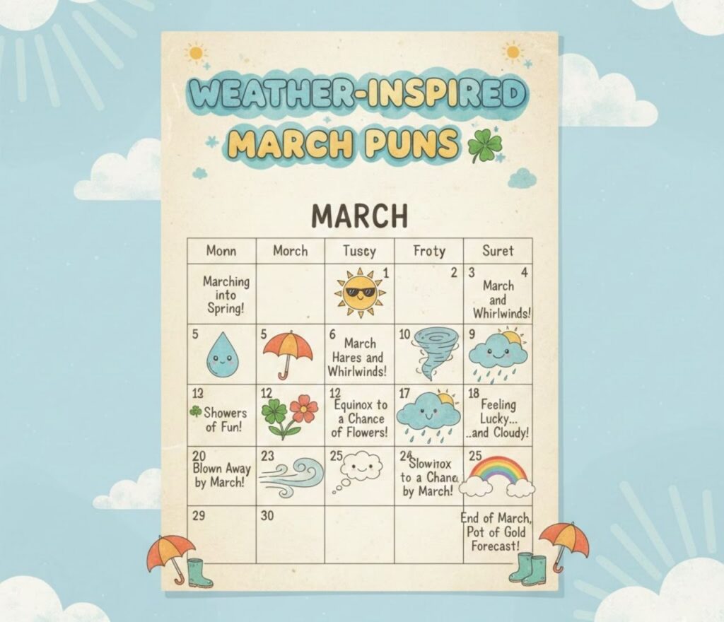 Weather inspired March puns featuring spring showers, breezy wordplay, sunny jokes, seasonal laughs, and shareable captions for social media.