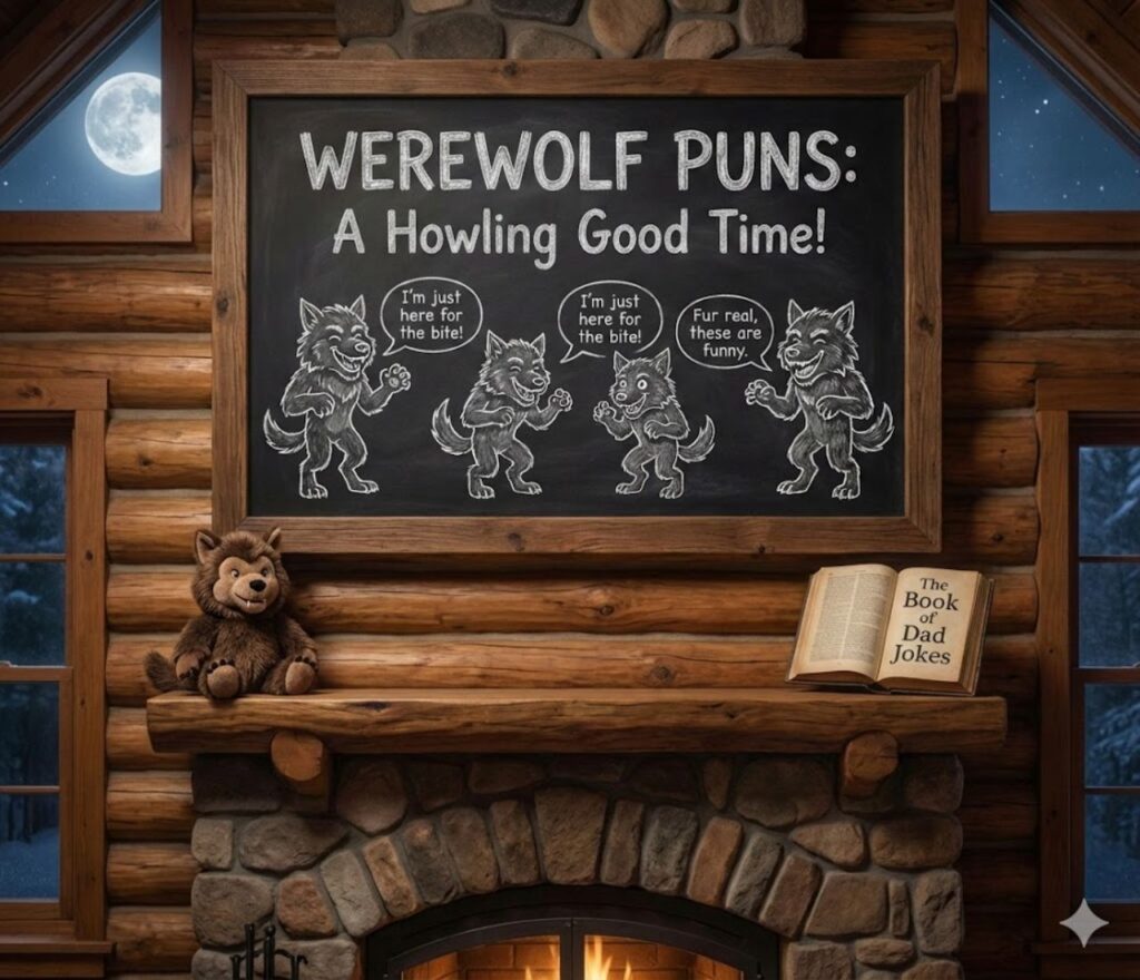 Werewolf puns featuring howling wordplay, moonlit humor, spooky jokes, playful claws, and shareable laughs for supernatural fans