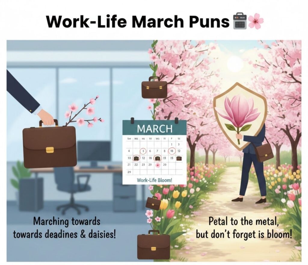 Work‑life March puns 💼🌸 featuring office humor, springtime wordplay, balancing jokes, lighthearted laughs, and shareable captions for professionals.