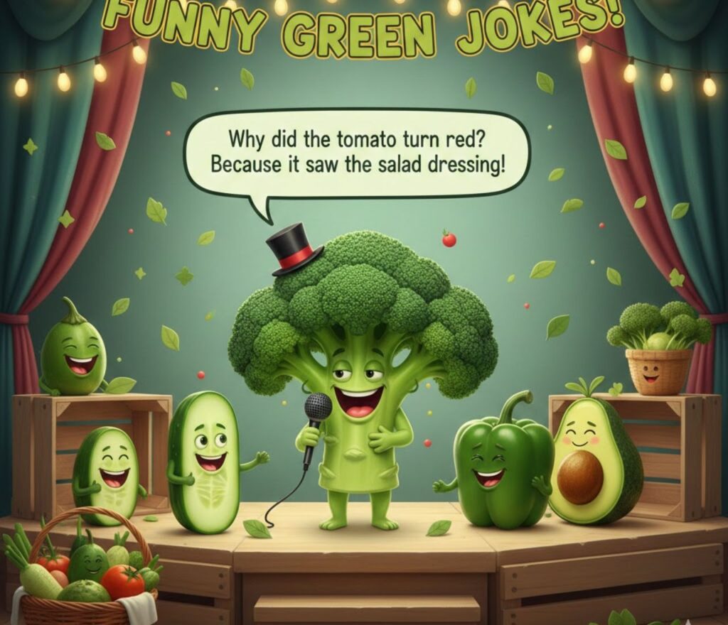 Green puns themed illustration showing smiling leaves, trees, and eco jokes written in playful text, creating a fun nature friendly humor concept scene.