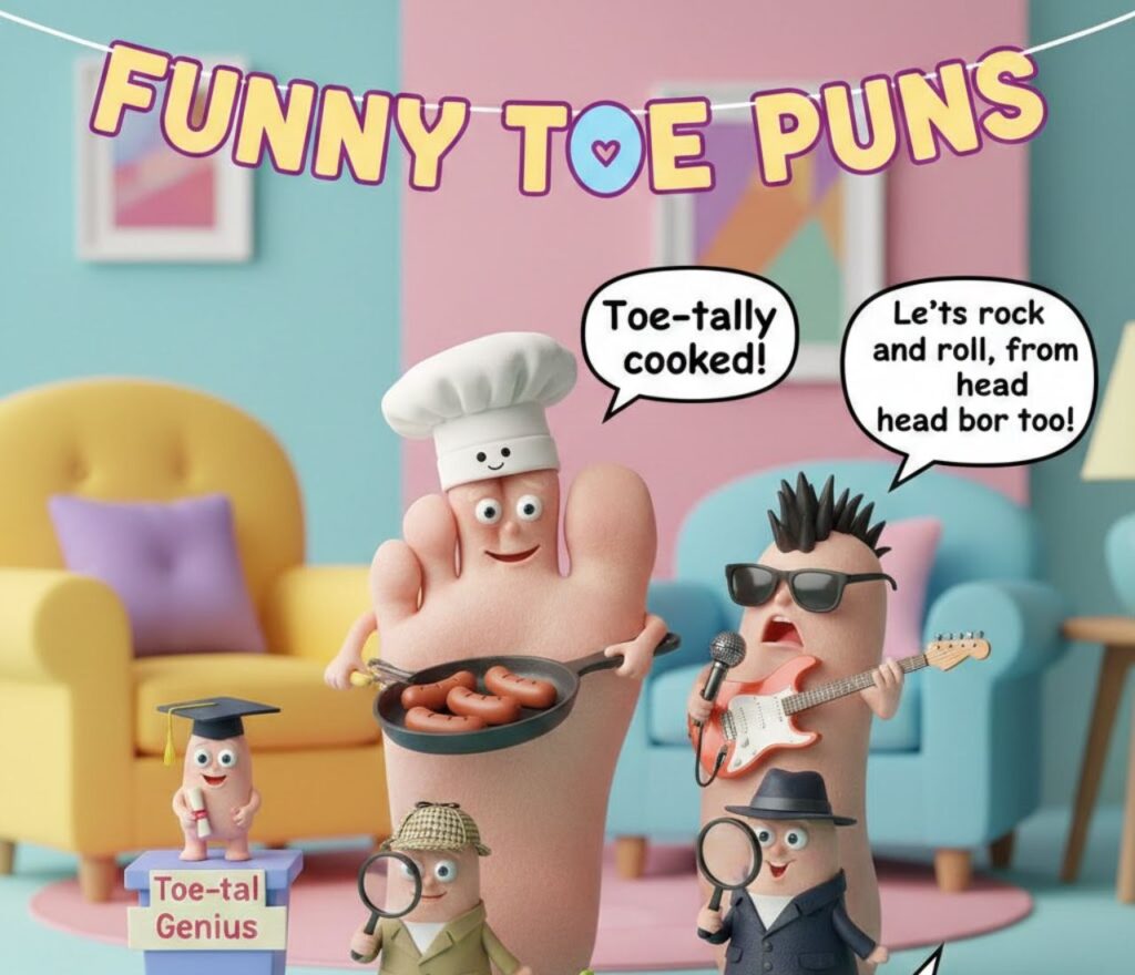 A cheerful line of cartoon toes with smiling faces, wearing tiny socks, next to puns like "You're toe-tal awesome!" and "Let's toe-k!"