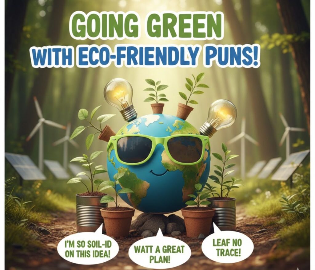 Green puns themed illustration showing smiling leaves, trees, and eco jokes written in playful text, creating a fun nature friendly humor concept scene.