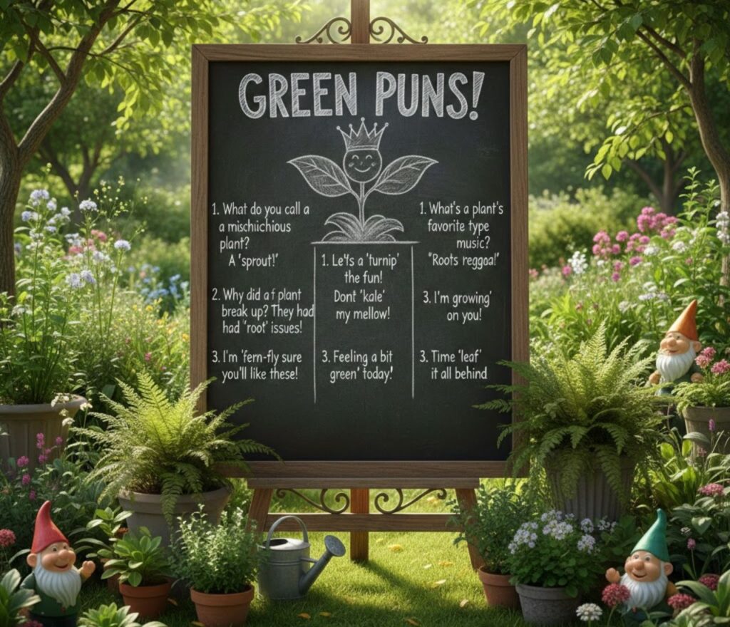 Green puns themed illustration showing smiling leaves, trees, and eco jokes written in playful text, creating a fun nature friendly humor concept scene.