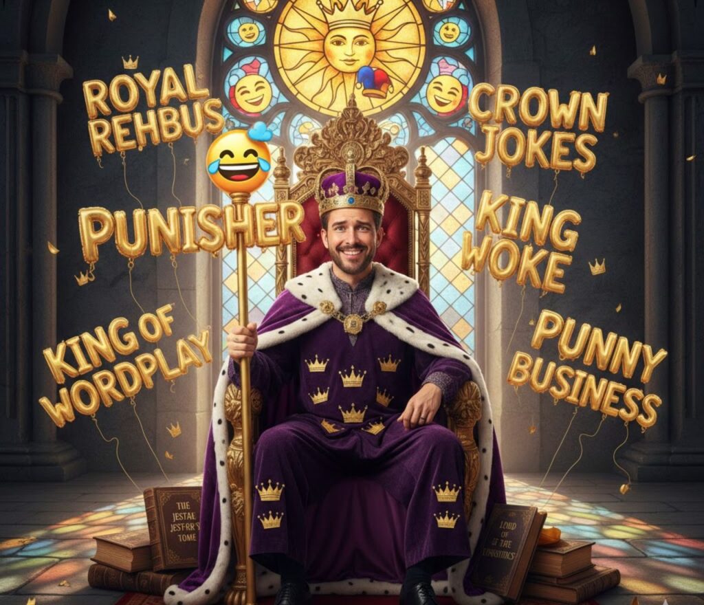 Playful title reading “King Puns” in bold, crown-topped letters, hinting at royal wordplay, throne-worthy jokes, and a light, witty tone.