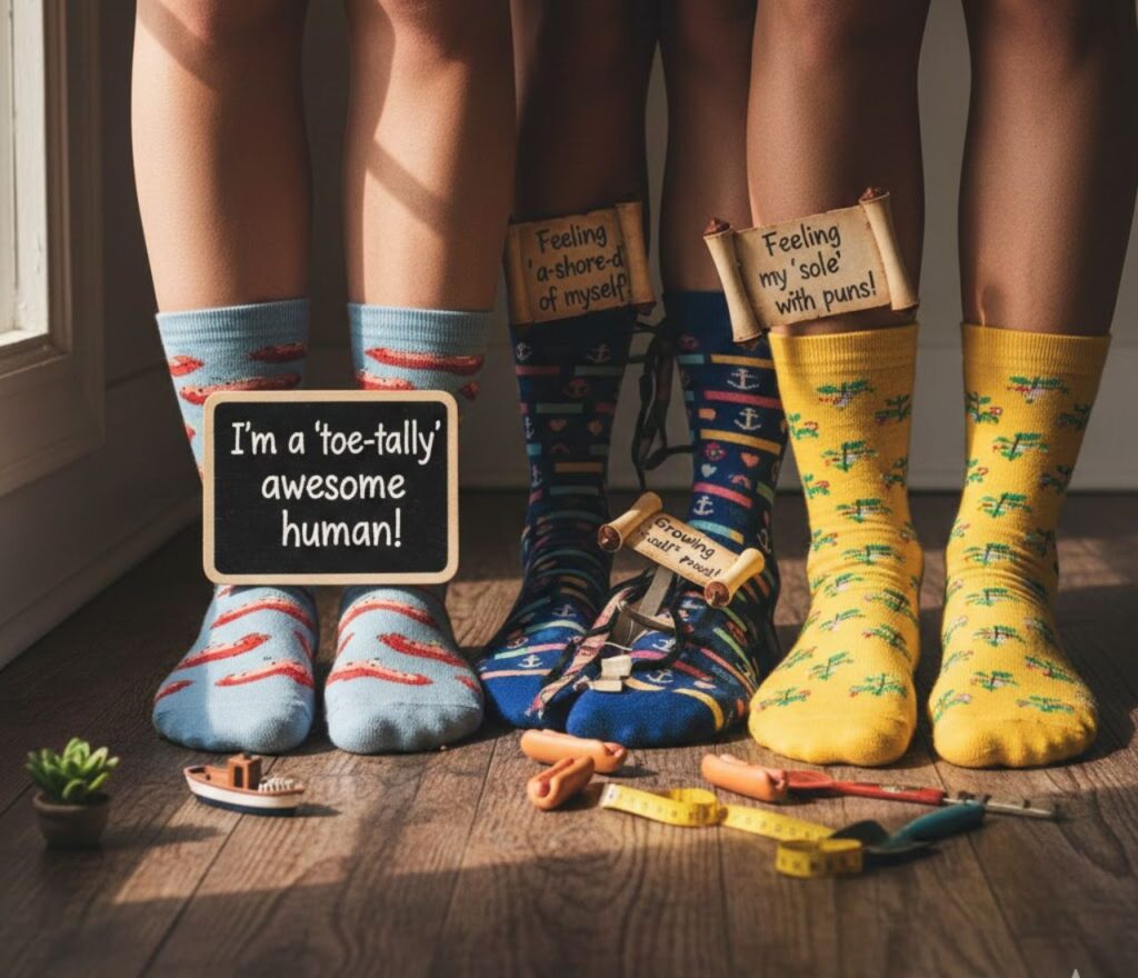 A cheerful line of cartoon toes with smiling faces, wearing tiny socks, next to puns like "You're toe-tal awesome!" and "Let's toe-k!"