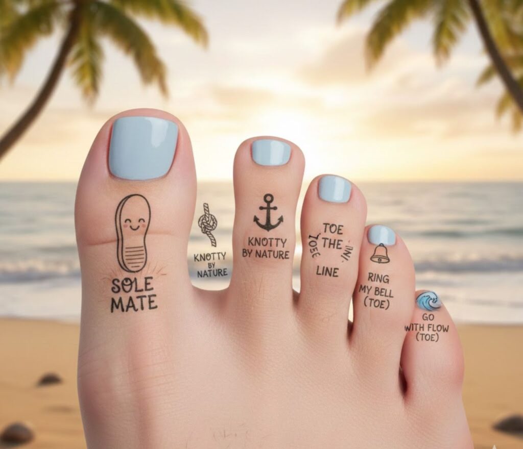 A cartoon foot with a tiny tattoo on the toe, featuring puns like "Ink-lined" and "Toe-tally Tatted" in a speech bubble above.