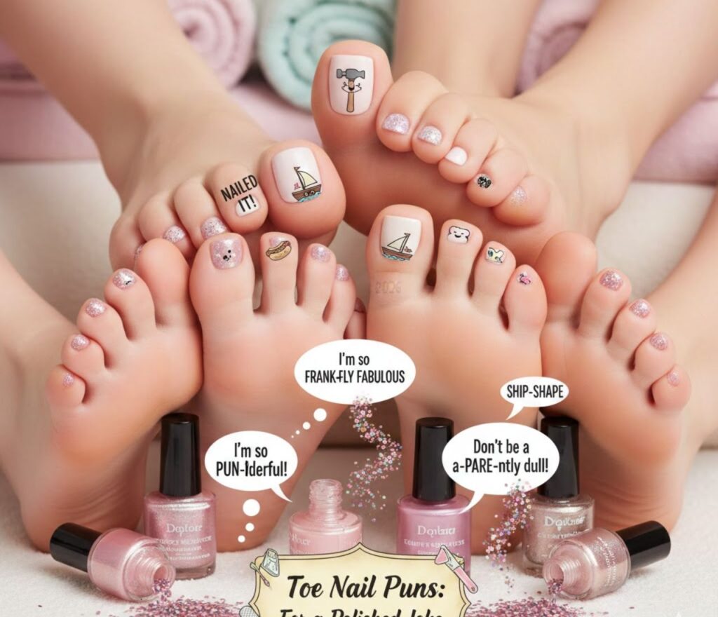 A smiling cartoon toenail getting polished, with pun bubbles reading "You nail it!" and "Time for a pedi-cure with pun-ctuality!"